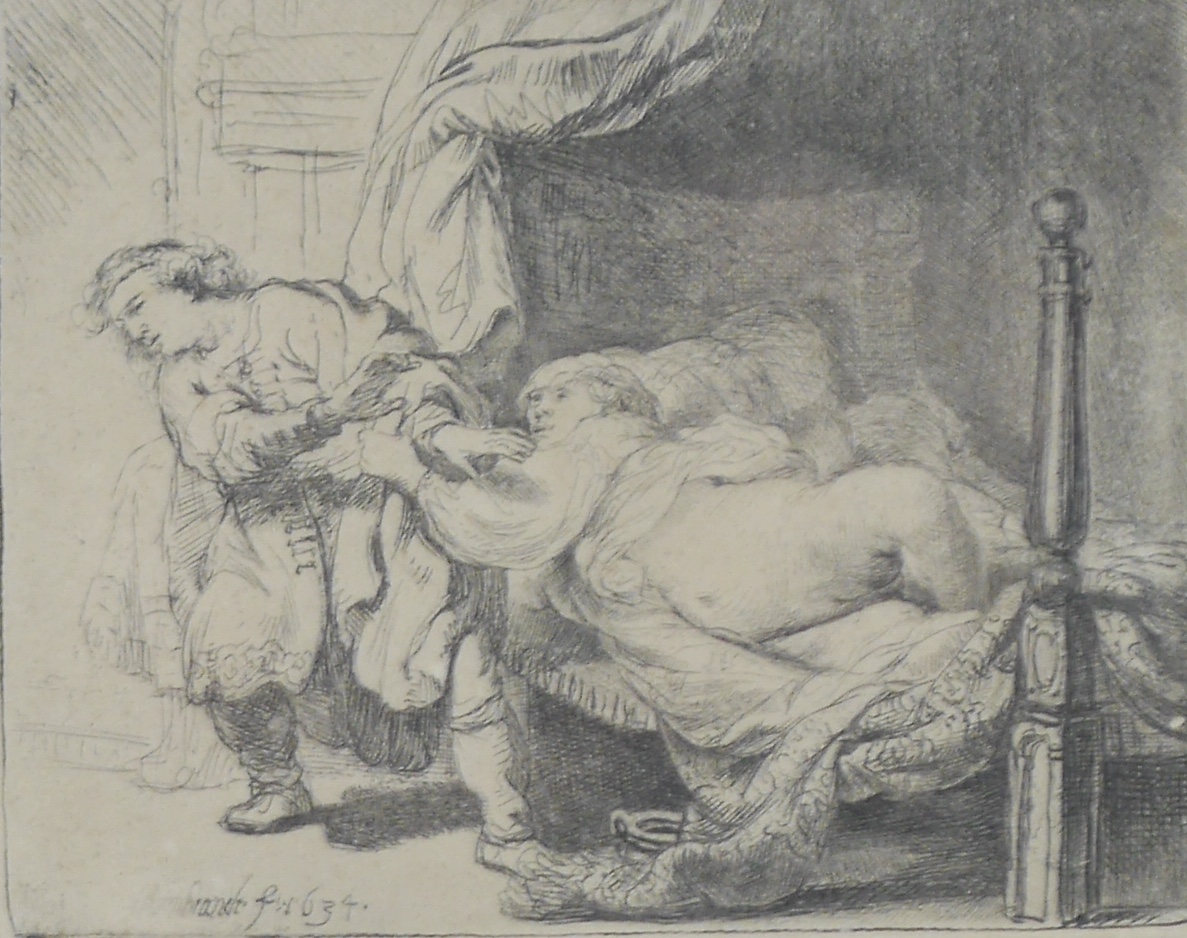 Rembrandt Harmensz van Rijn (Dutch, 1606-1669), Joseph and Potiphar's Wife, etching, 9 x 11cm